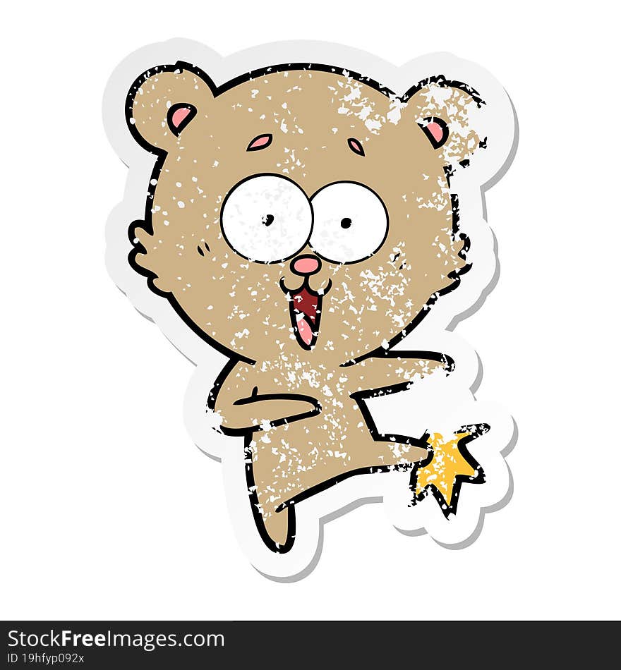 distressed sticker of a laughing teddy  bear cartoon