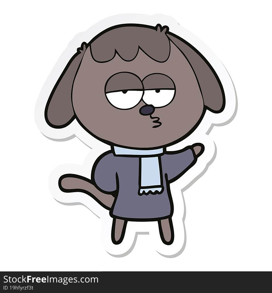 sticker of a cartoon tired dog wearing winter clothes