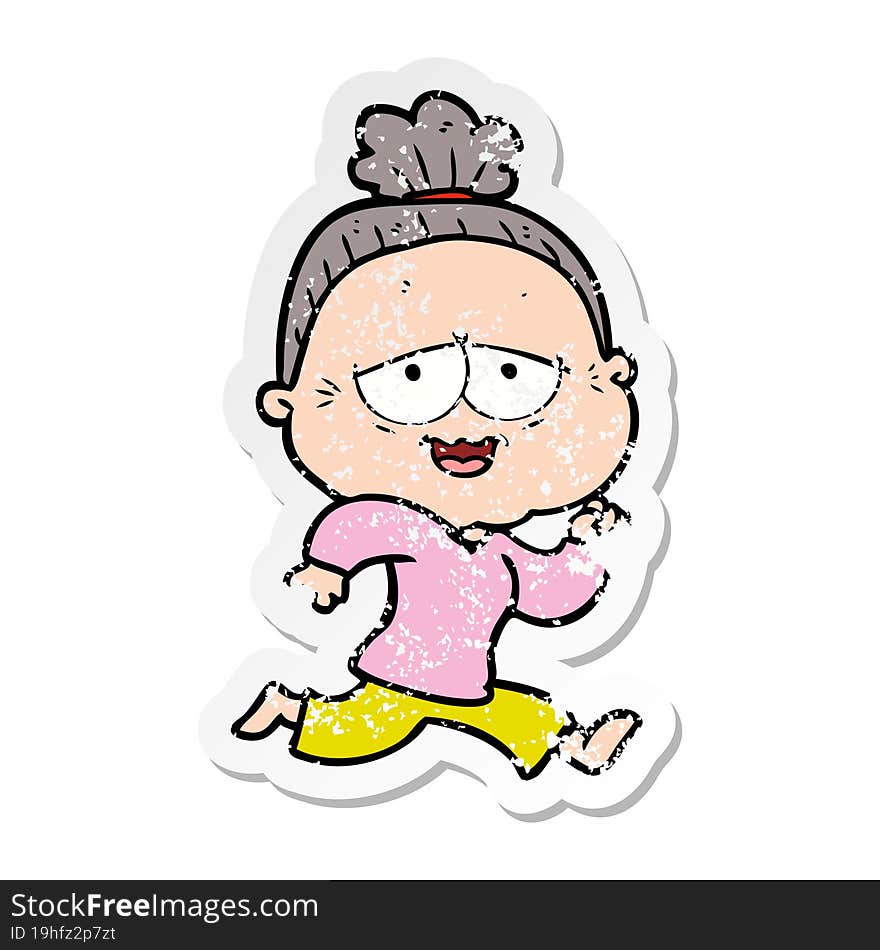 distressed sticker of a cartoon happy old lady