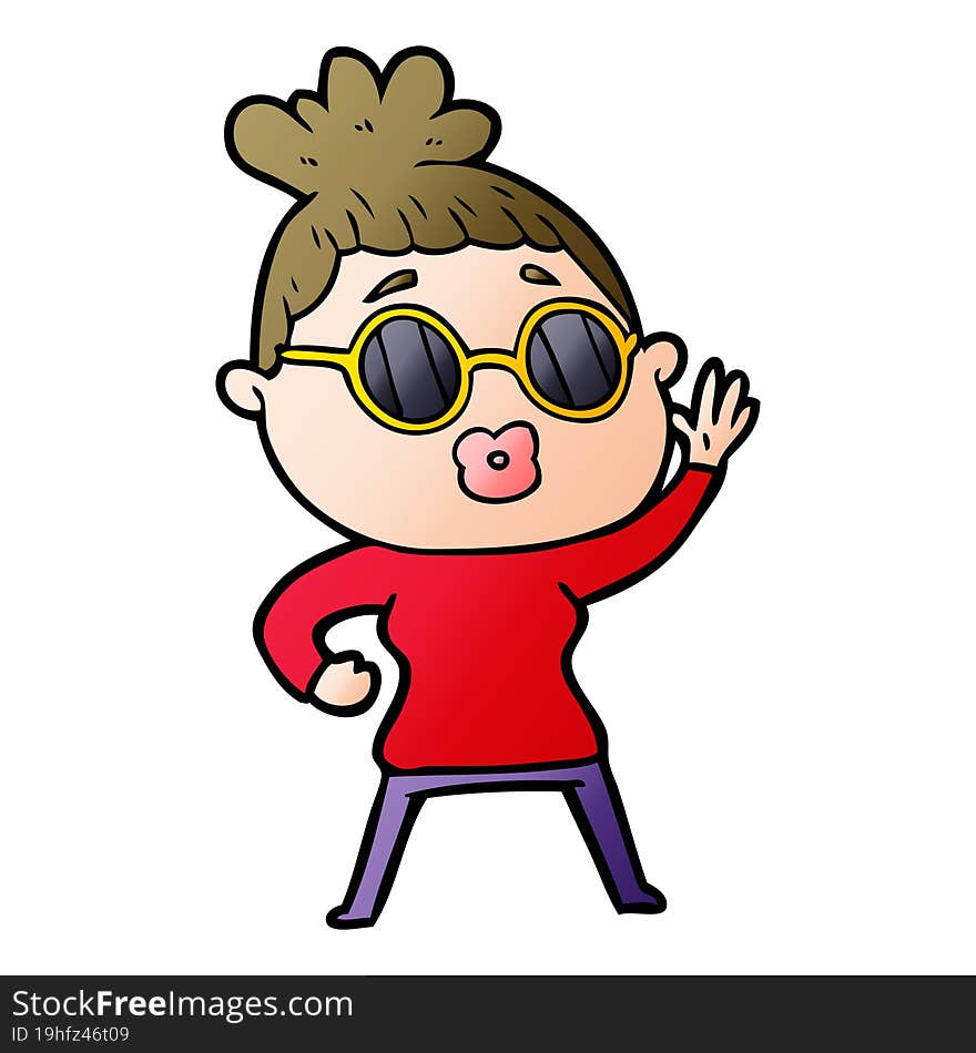 cartoon waving woman wearing sunglasses. cartoon waving woman wearing sunglasses