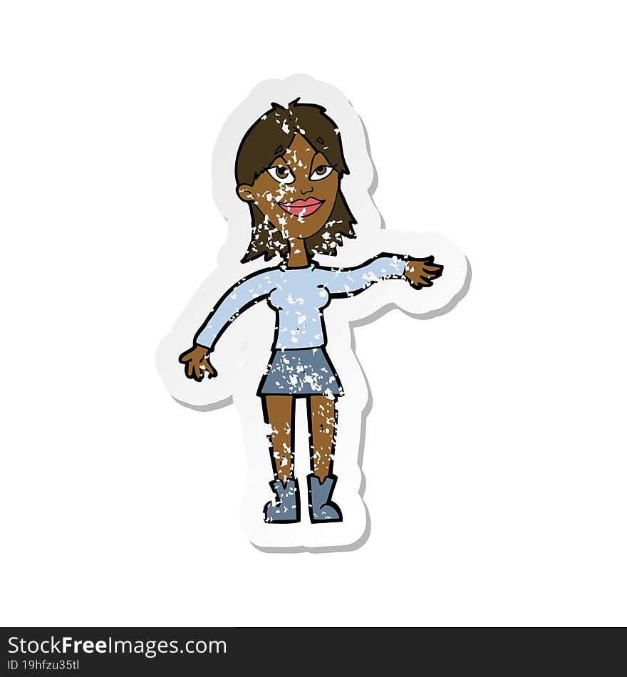 retro distressed sticker of a cartoon woman making hand gesture