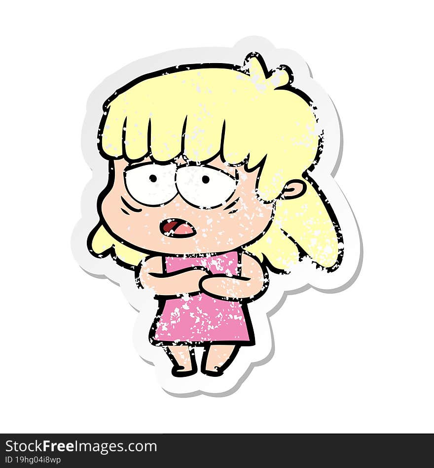 distressed sticker of a cartoon tired woman