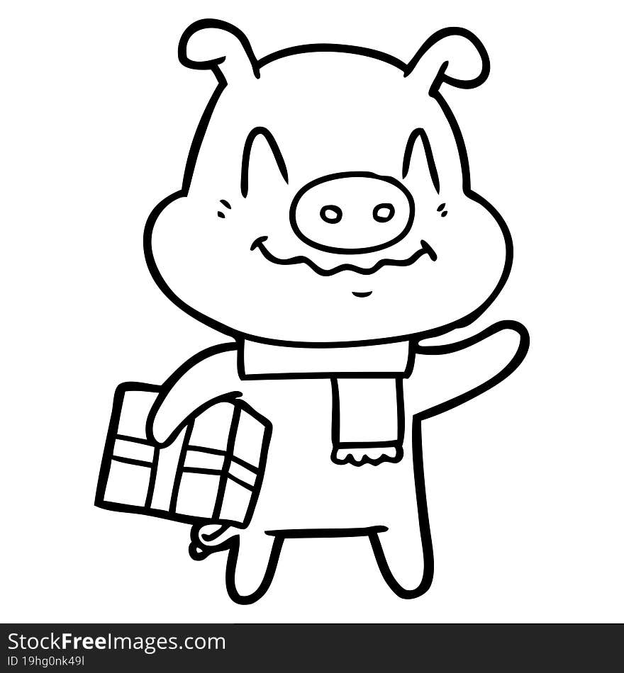 nervous cartoon pig with present. nervous cartoon pig with present