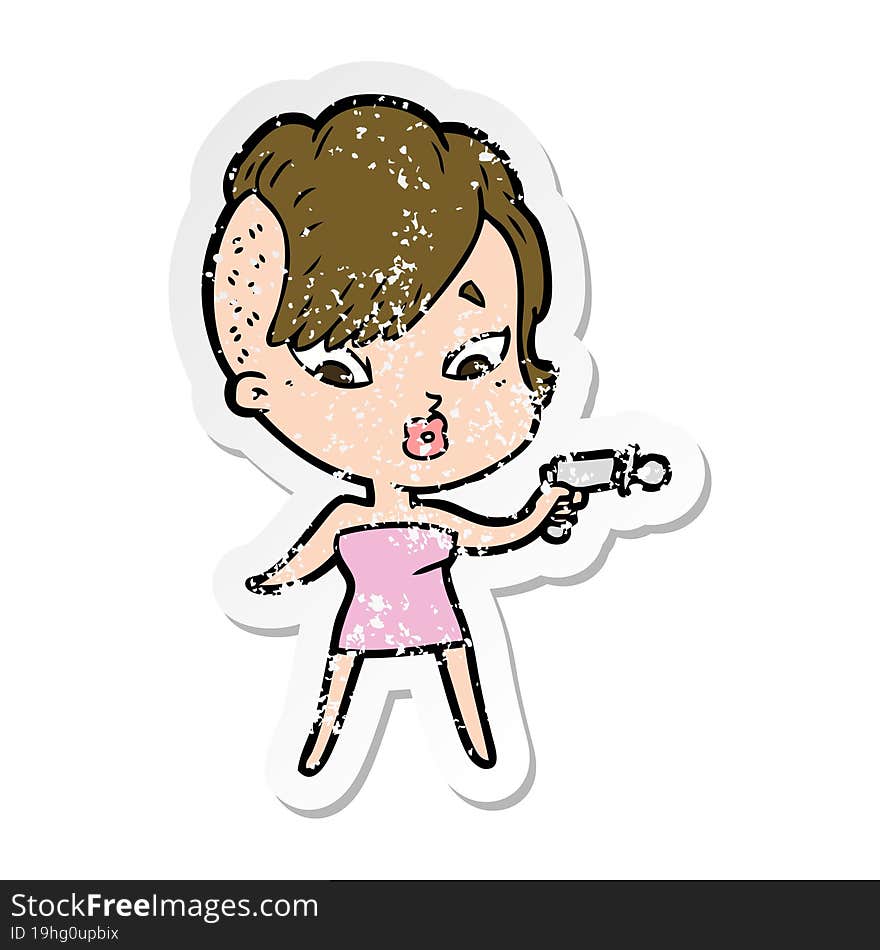 distressed sticker of a cartoon surprised girl with ray gun