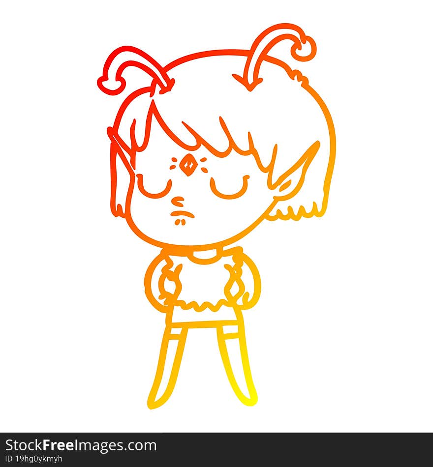 warm gradient line drawing of a cartoon alien girl