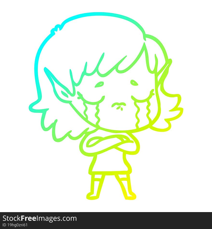 Cold Gradient Line Drawing Cartoon Crying Elf Girl