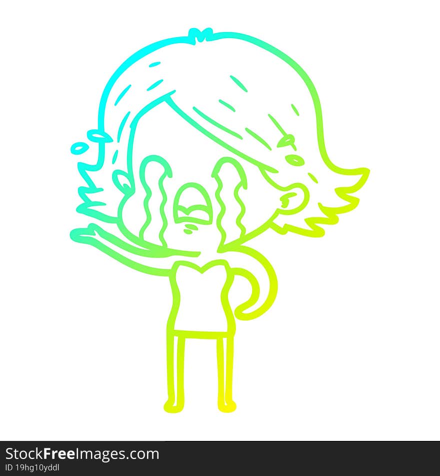 cold gradient line drawing of a cartoon woman crying