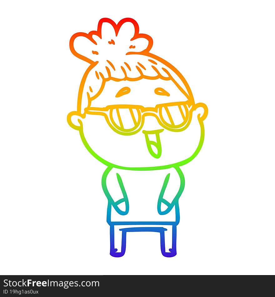 rainbow gradient line drawing of a cartoon happy woman wearing spectacles