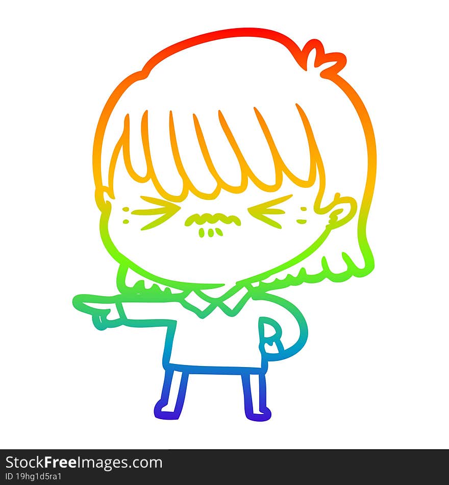 rainbow gradient line drawing annoyed cartoon girl making accusation