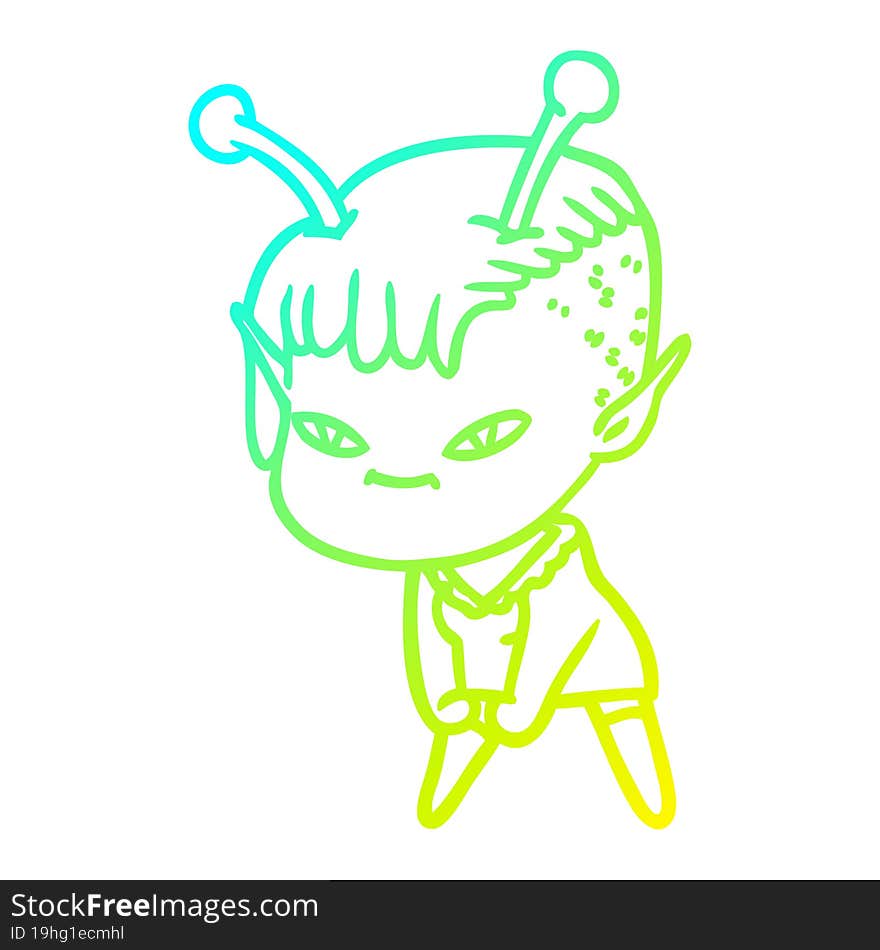 cold gradient line drawing of a cute cartoon alien girl