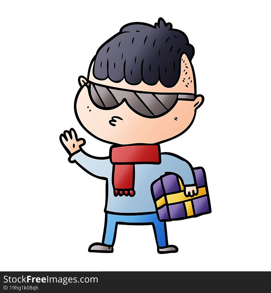 cartoon boy wearing sunglasses carrying xmas gift. cartoon boy wearing sunglasses carrying xmas gift