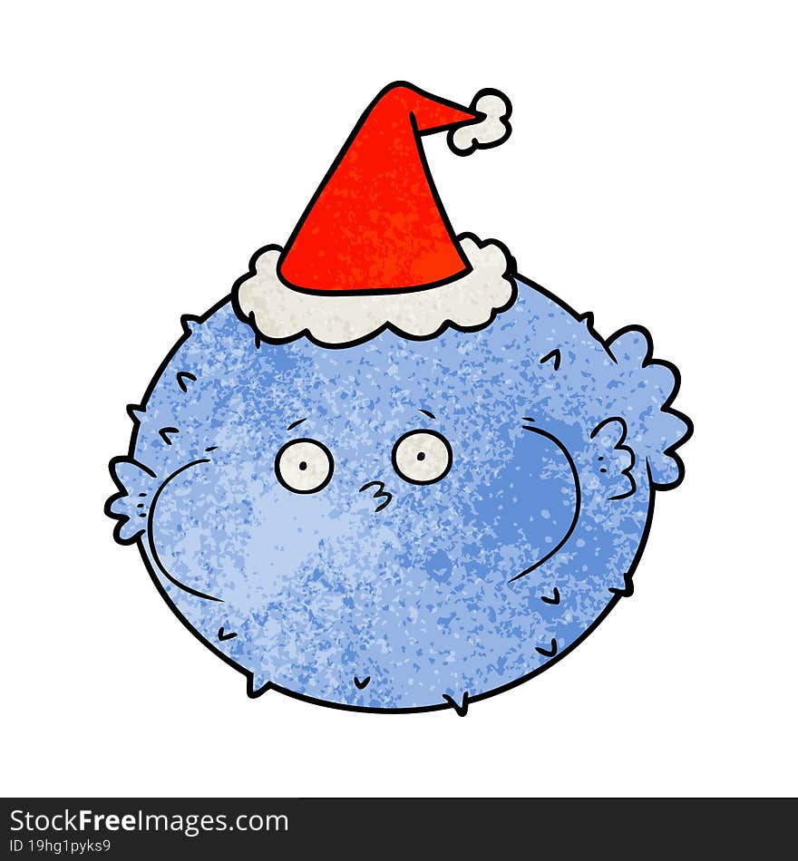 textured cartoon of a puffer fish wearing santa hat