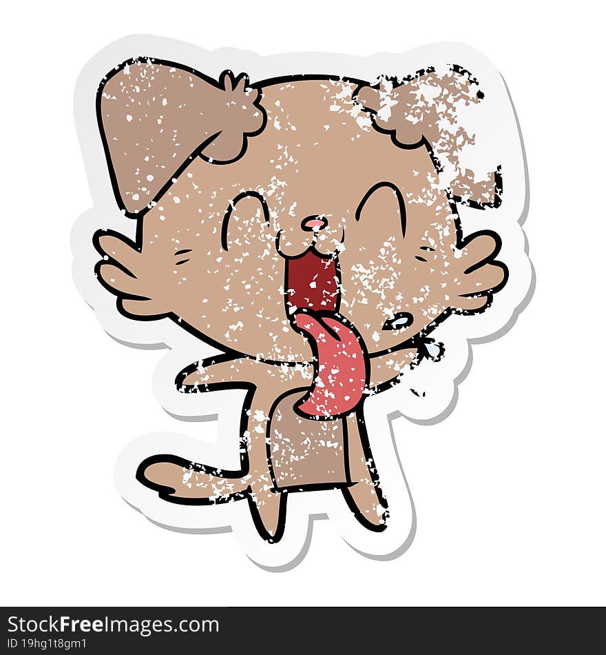 distressed sticker of a cartoon panting dog