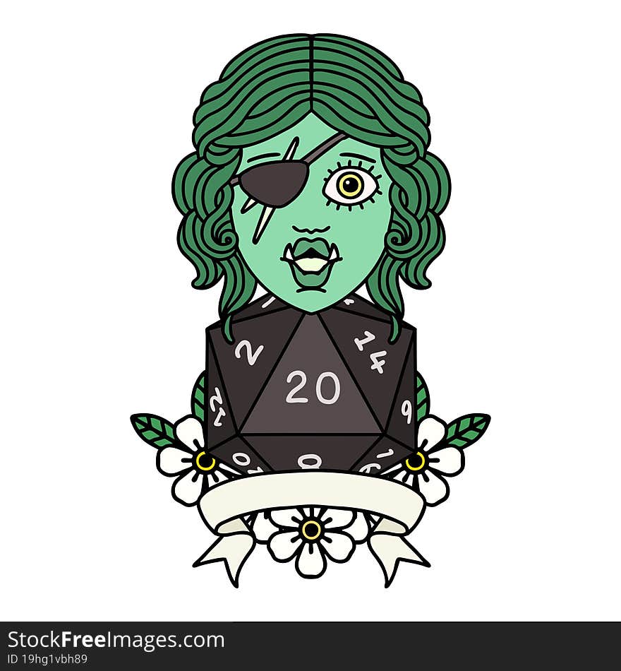 Retro Tattoo Style half orc rogue character with natural twenty dice roll. Retro Tattoo Style half orc rogue character with natural twenty dice roll