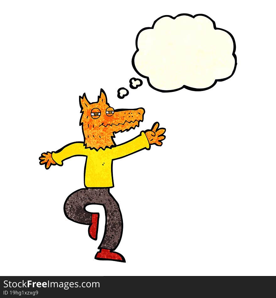 cartoon happy fox man with thought bubble