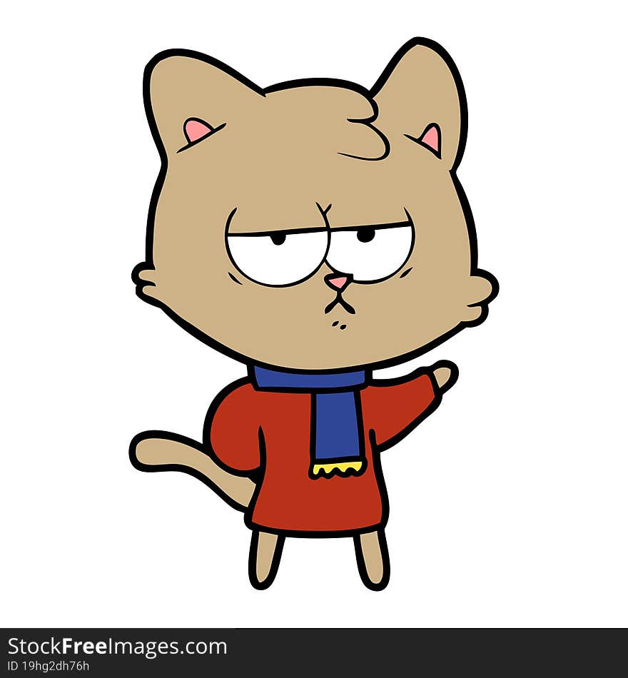 bored cartoon cat in winter clothes. bored cartoon cat in winter clothes