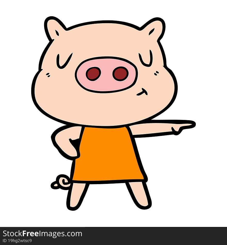 cartoon content pig in dress pointing. cartoon content pig in dress pointing