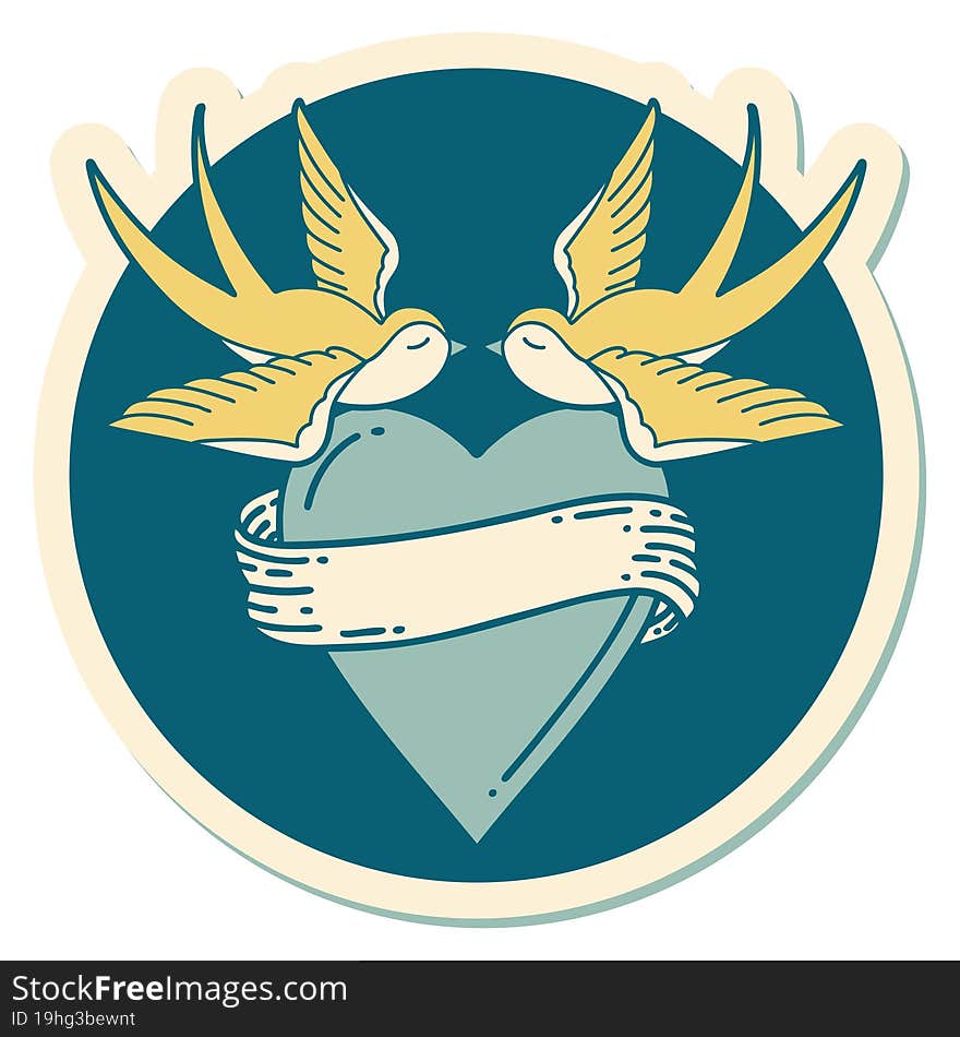 sticker of tattoo in traditional style of swallows and a heart with banner. sticker of tattoo in traditional style of swallows and a heart with banner