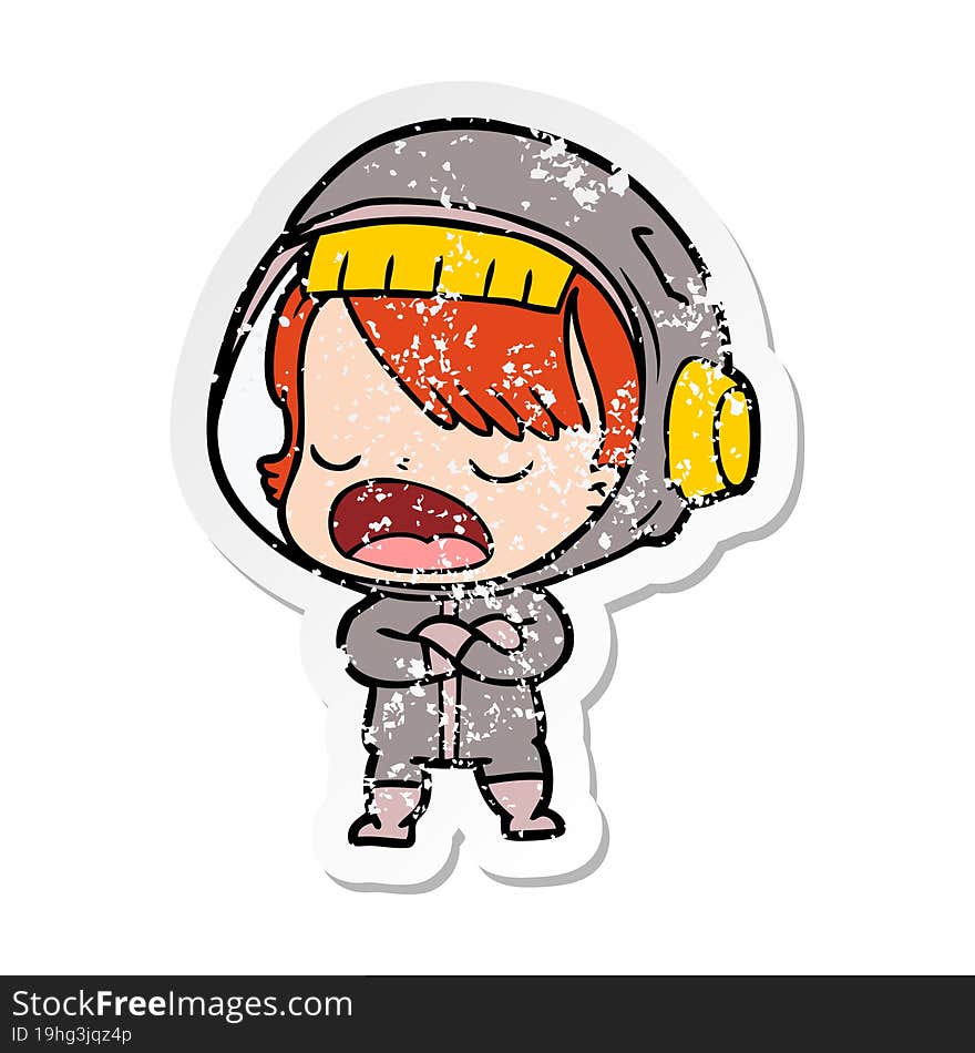 distressed sticker of a cartoon talking astronaut