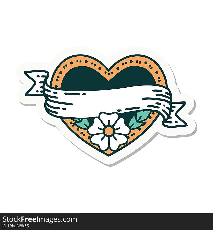 sticker of tattoo in traditional style of a heart and banner with flowers. sticker of tattoo in traditional style of a heart and banner with flowers