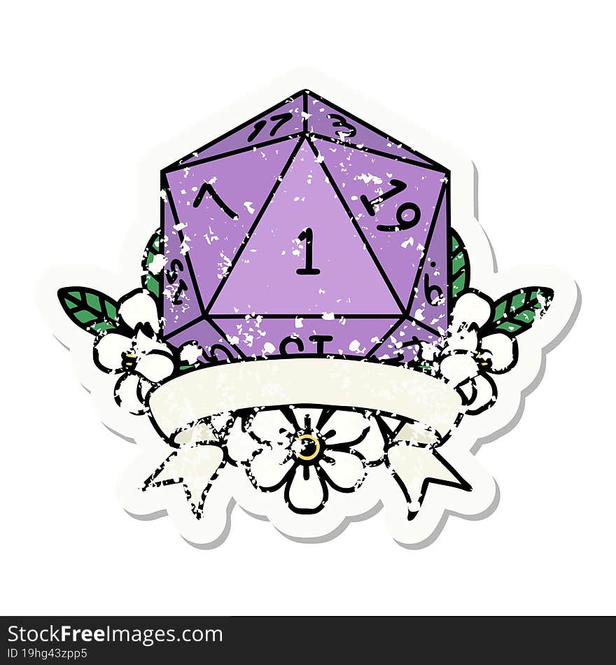 natural one d20 dice roll grunge sticker