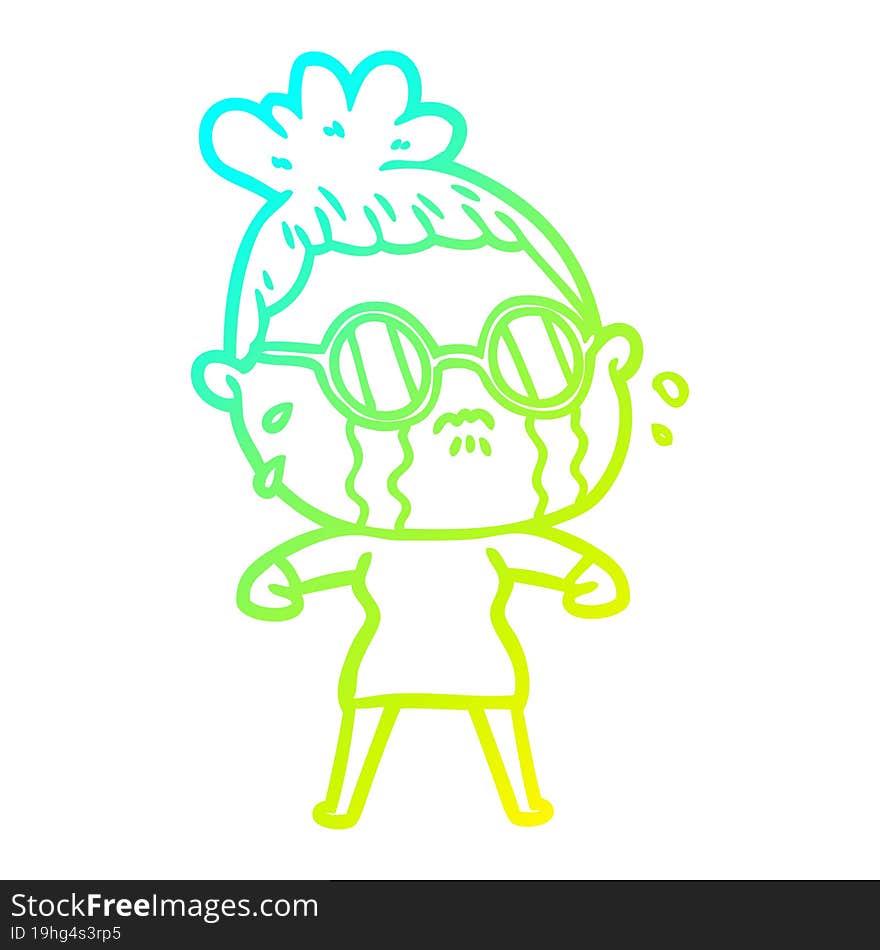 cold gradient line drawing cartoon crying woman wearing spectacles