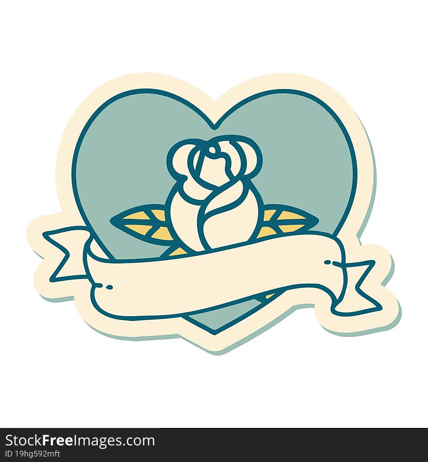 Tattoo Style Sticker Of A Heart Rose And Banner