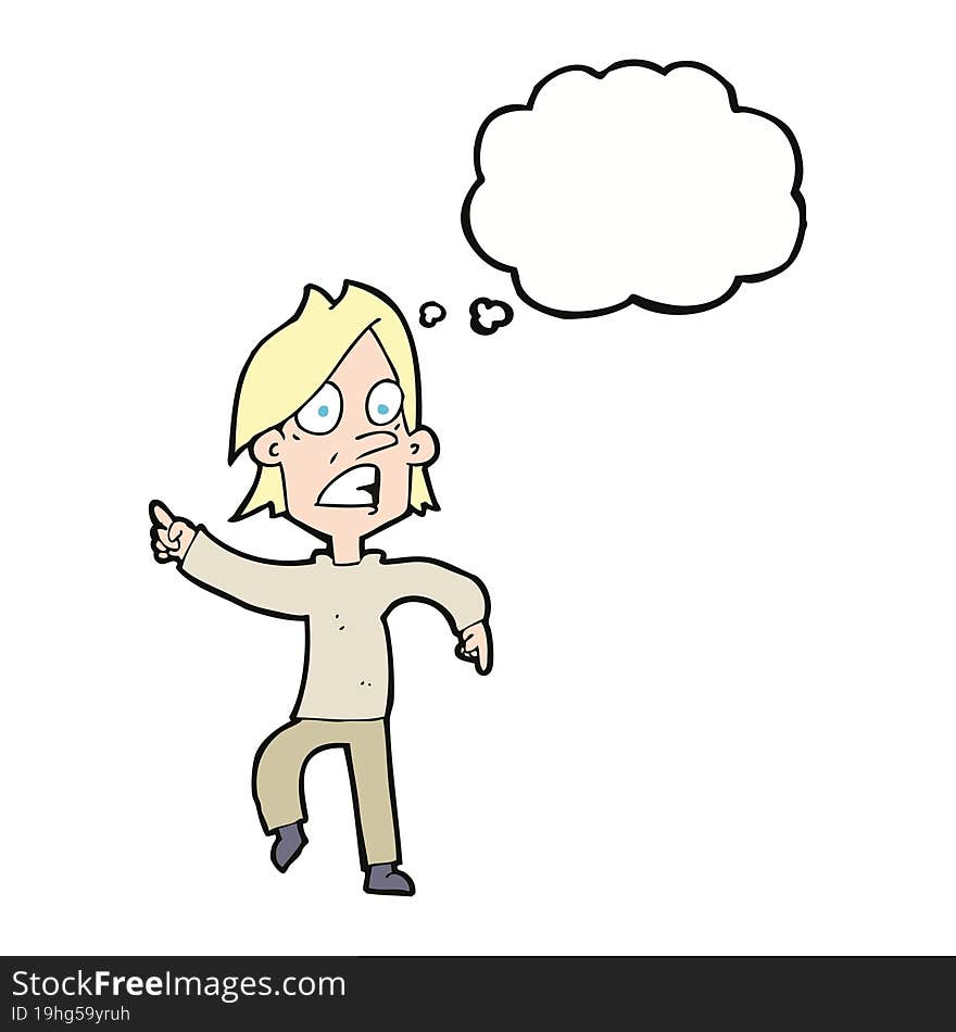 cartoon worried man pointing with thought bubble