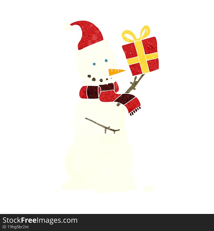 freehand retro cartoon snowman holding present