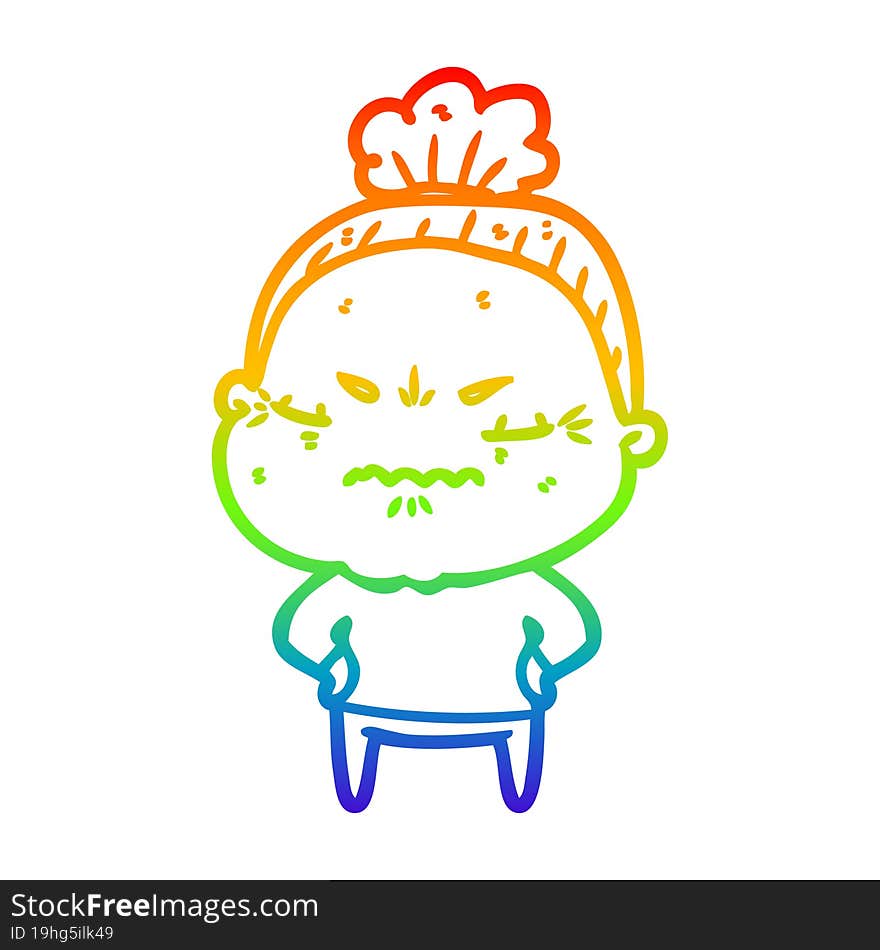 rainbow gradient line drawing of a cartoon annoyed old lady