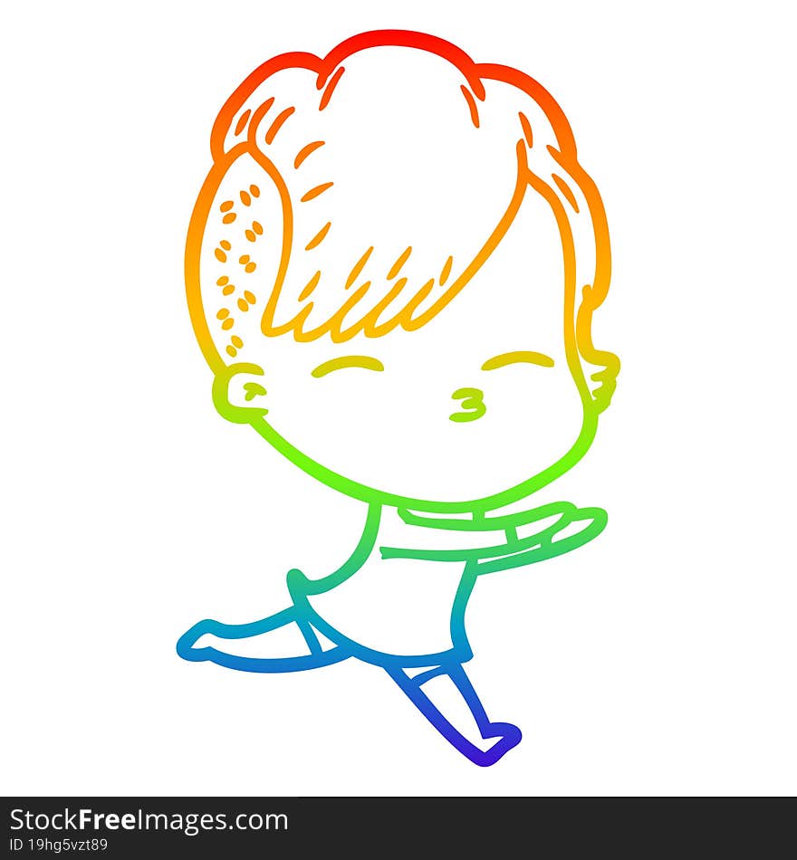 rainbow gradient line drawing cartoon squinting girl running