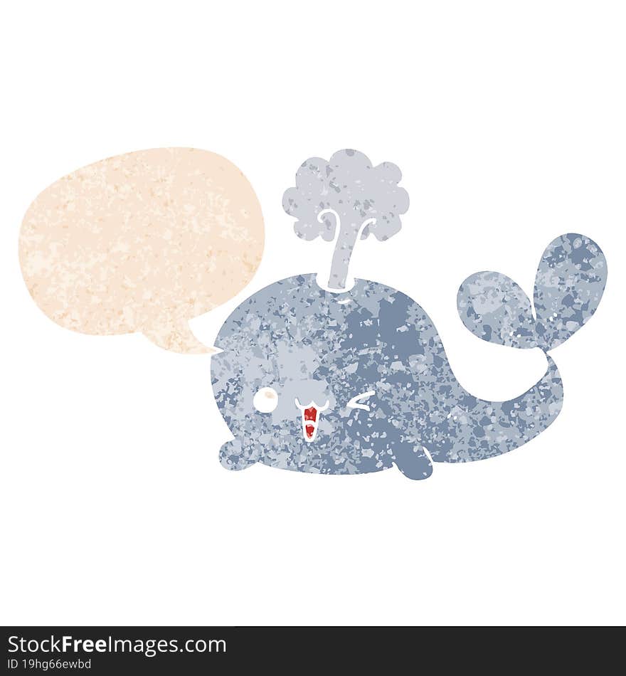 cartoon whale and speech bubble in retro textured style