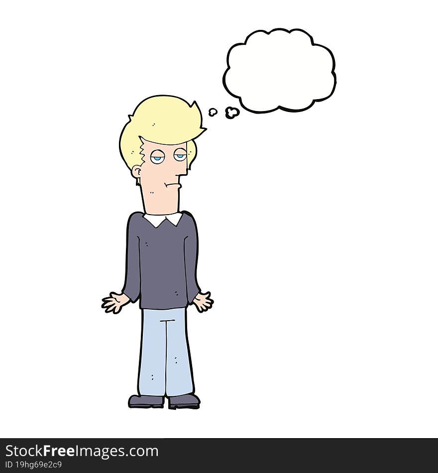 cartoon bored man shrugging shoulders with thought bubble