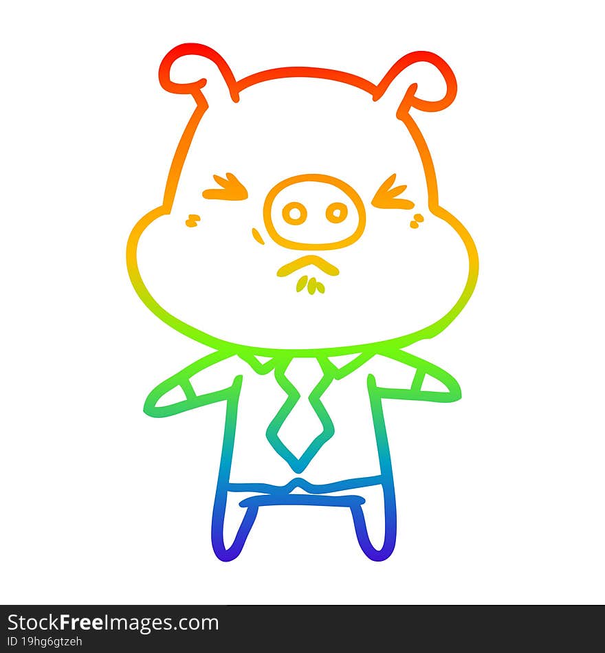 rainbow gradient line drawing cartoon angry pig in shirt and tie