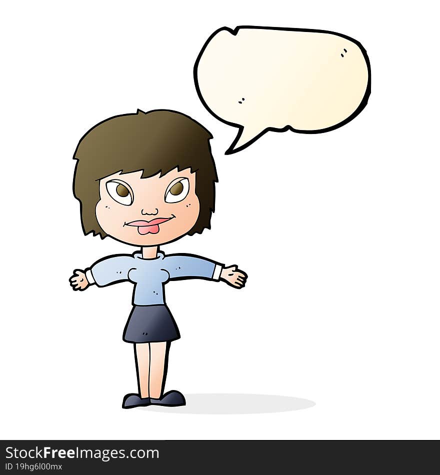 cartoon woman with open amrs with speech bubble