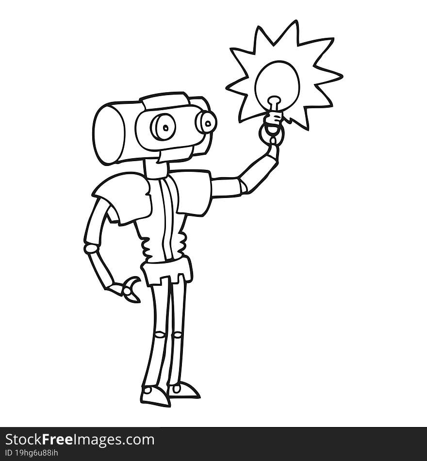 black and white cartoon robot with light bulb