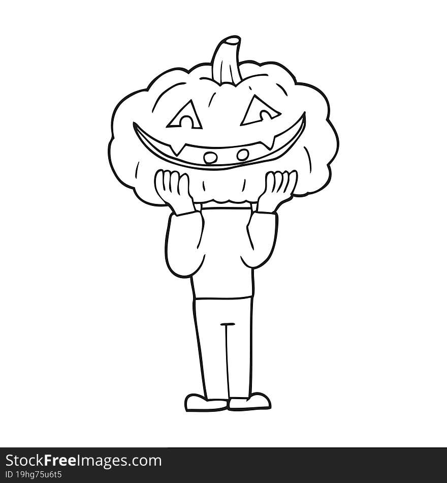 freehand drawn black and white cartoon pumpkin head halloween costume