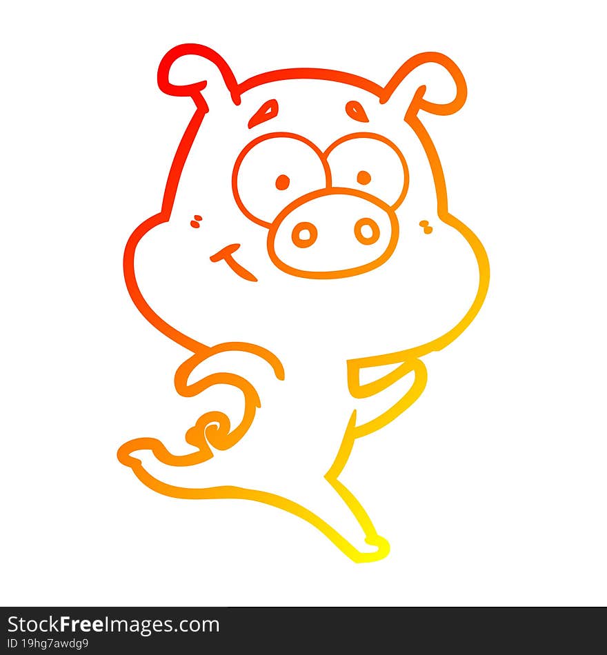 warm gradient line drawing happy cartoon pig running