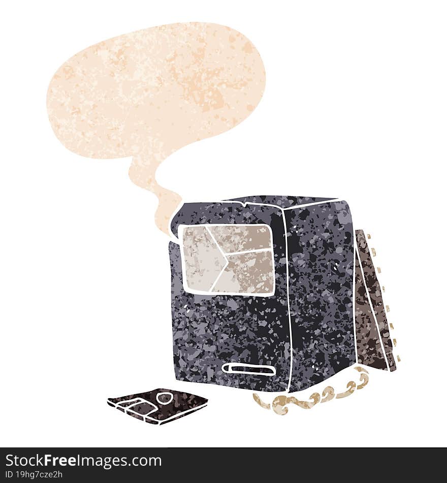 cartoon broken old computer with speech bubble in grunge distressed retro textured style. cartoon broken old computer with speech bubble in grunge distressed retro textured style