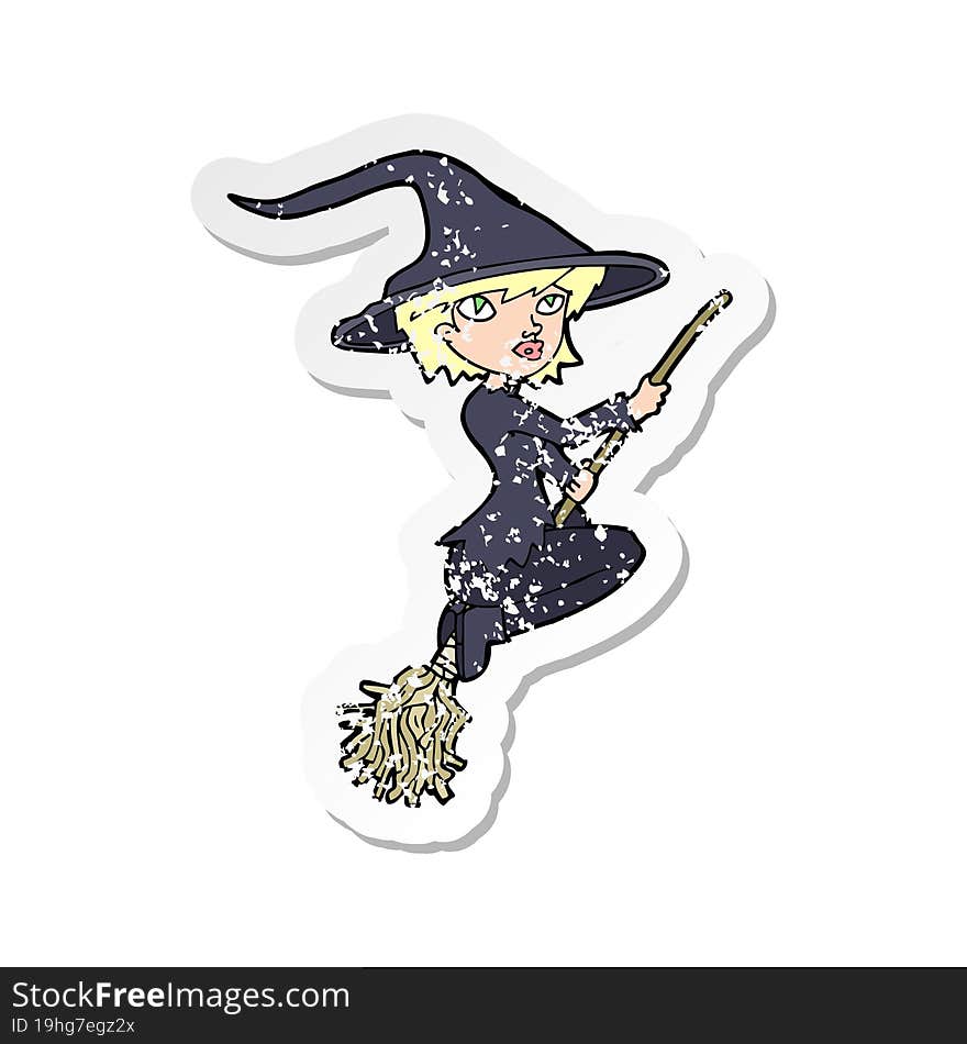 retro distressed sticker of a cartoon witch riding broomstick