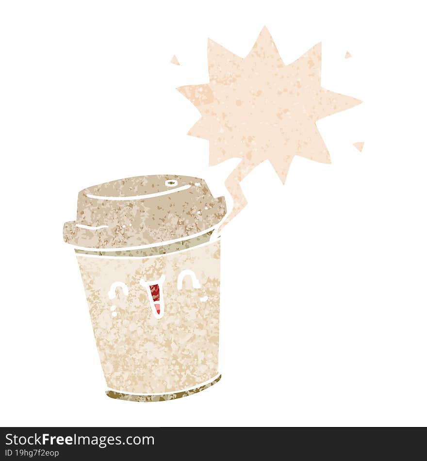 cartoon take out coffee and speech bubble in retro textured style