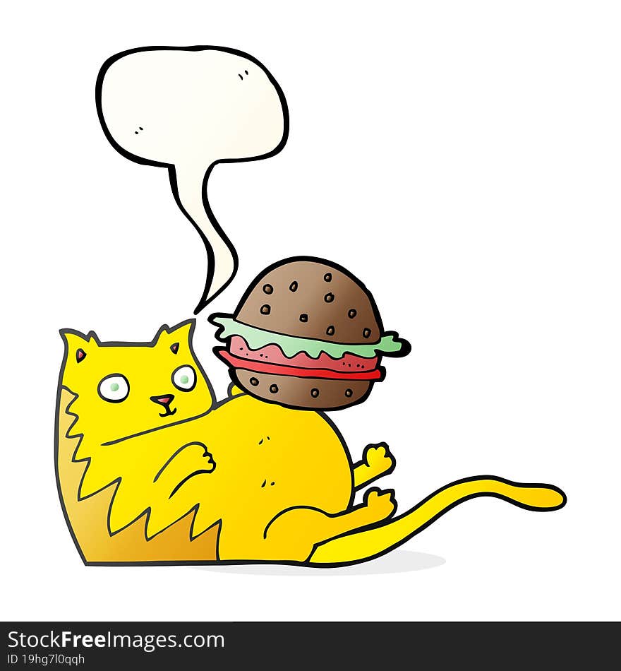 freehand drawn speech bubble cartoon fat cat with burger