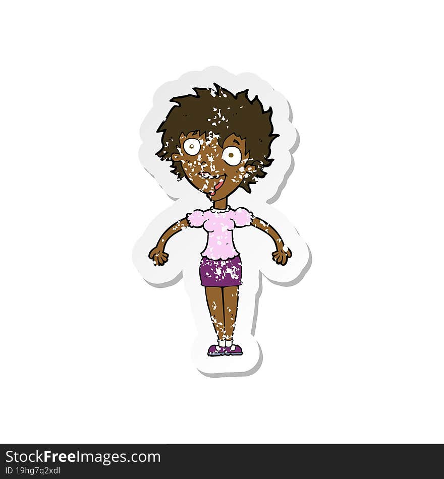 retro distressed sticker of a cartoon excited woman