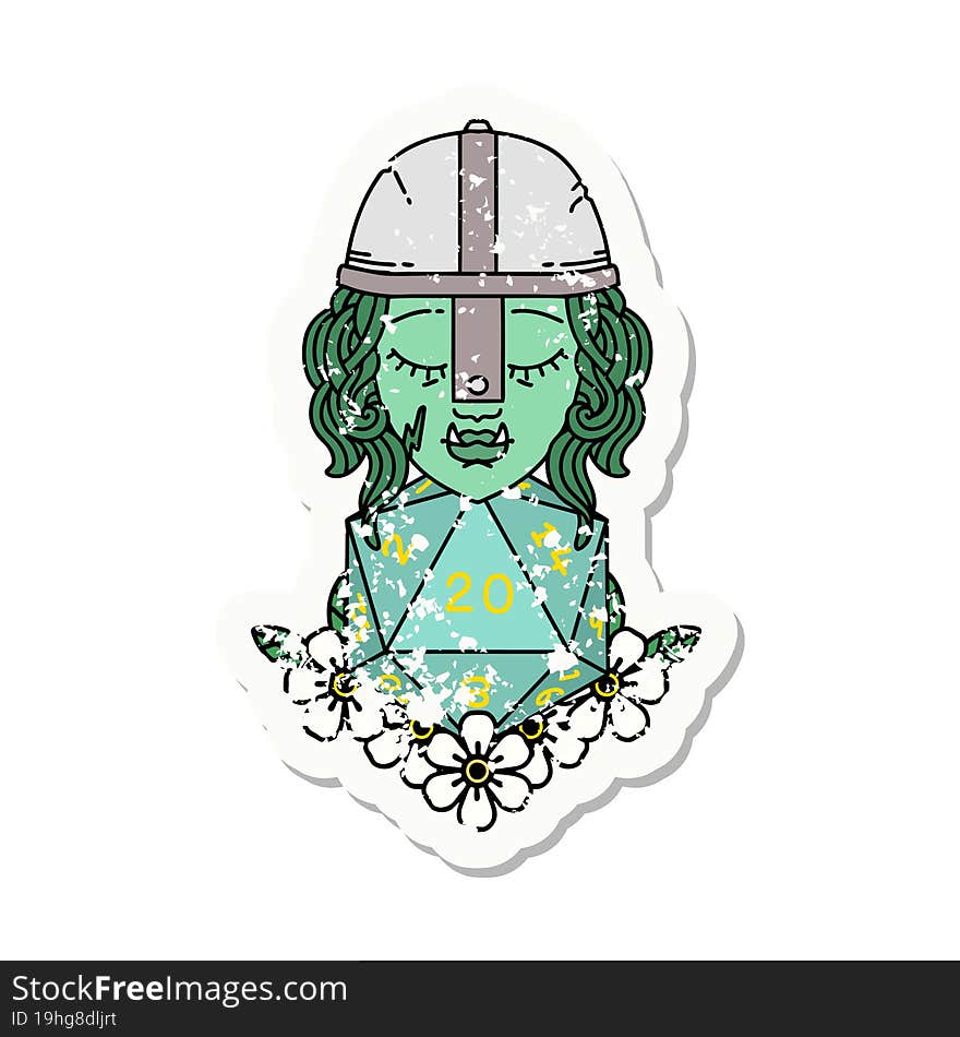 half orc fighter character with natural twenty dice roll grunge sticker