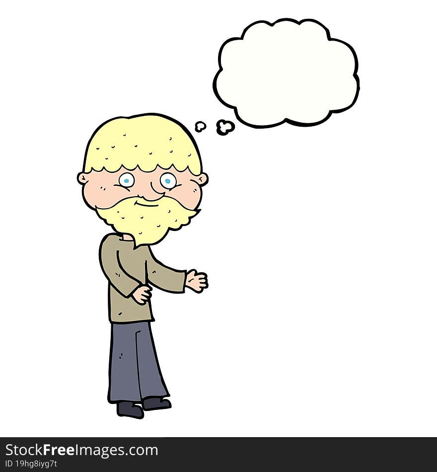 cartoon happy bearded man with thought bubble