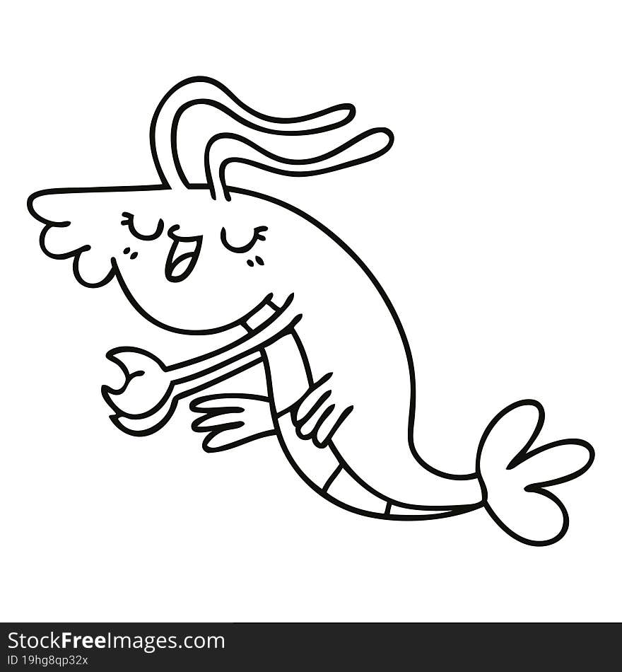 quirky line drawing cartoon happy shrimp