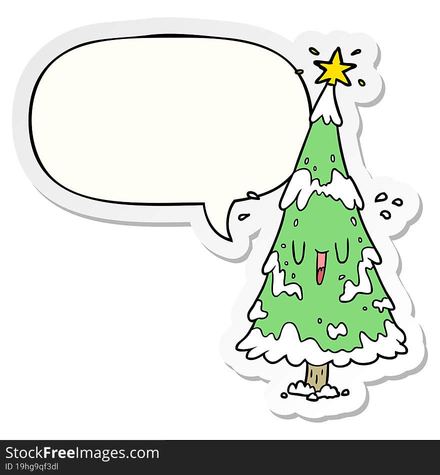 Cartoon Snowy Christmas Tree And Happy Face And Speech Bubble Sticker