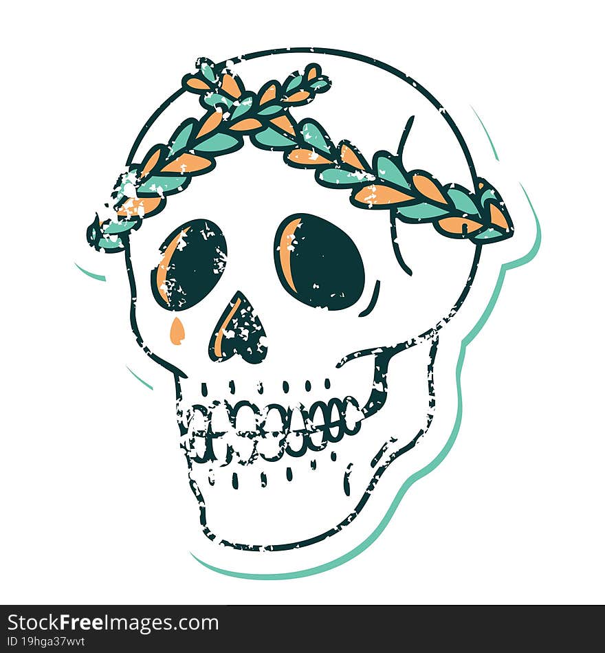 distressed sticker tattoo style icon of a skull with laurel wreath crown