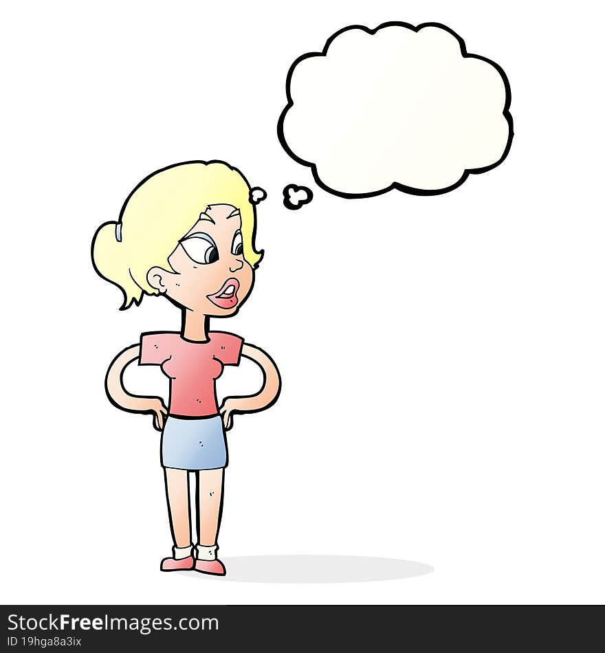 cartoon woman with hands on hips with thought bubble