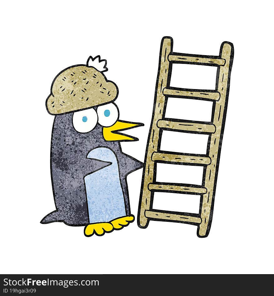 freehand drawn texture cartoon penguin with ladder